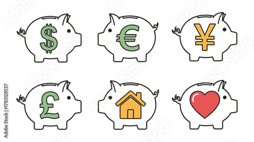 piggy bank icons set
