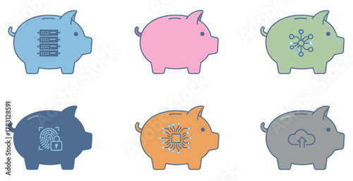 piggy bank icons set