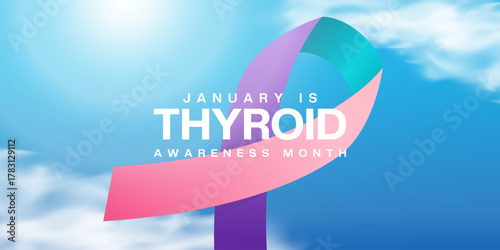 January is National Thyroid Awareness Month. Ribbon, sun and cloud. Suitable for posters, banners and social media. Blue background.