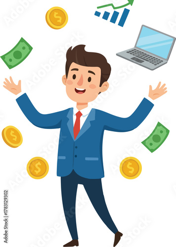 Businessman Juggling Money and Laptop Work Balance Concept