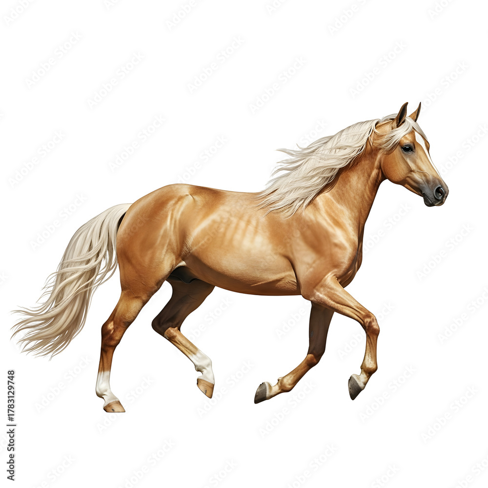 Naklejka premium Majestic palomino horse galloping with flowing mane and tail