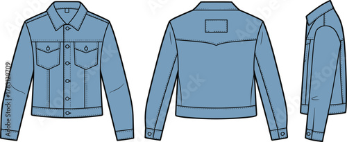Denim jacket technical sketch front back side view, fashion cad drawing, garment vector template, clothing design outline, apparel illustration, cad drawing flat vector illustration