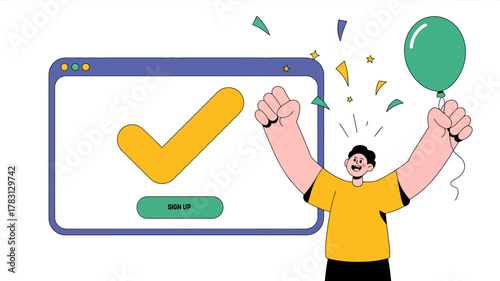 Happy person celebrating successful online registration with a large checkmark in a browser window and confetti.