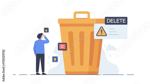 A person contemplating data deletion or digital waste management with a large trash can and delete notification.