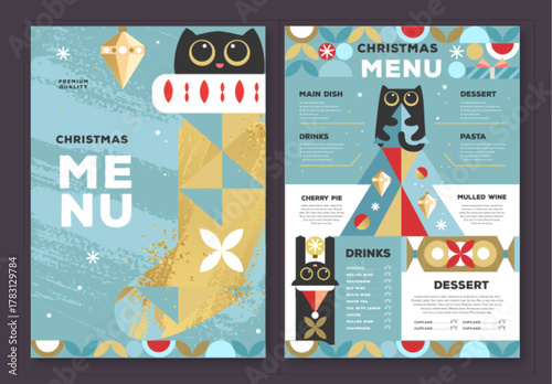 Restaurant Christmas holiday flat menu design with funny cats on blue background. Vector illustration