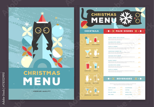 Restaurant Christmas holiday flat menu design with funny cats on blue background. Vector illustration