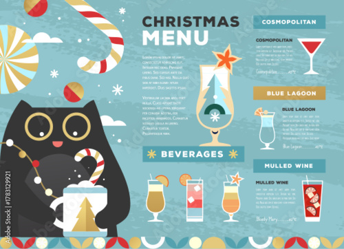 Restaurant Christmas holiday flat menu design with funny cats on blue background. Vector illustration