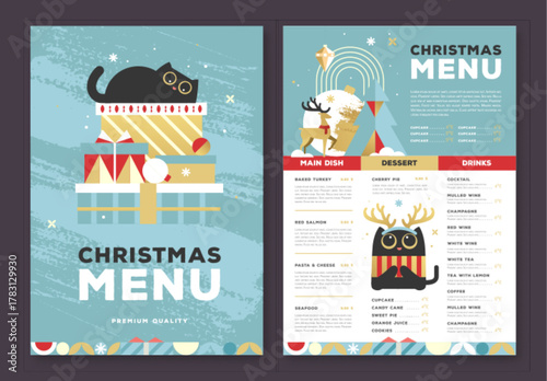Restaurant Christmas holiday flat menu design with funny cats on blue background. Vector illustration