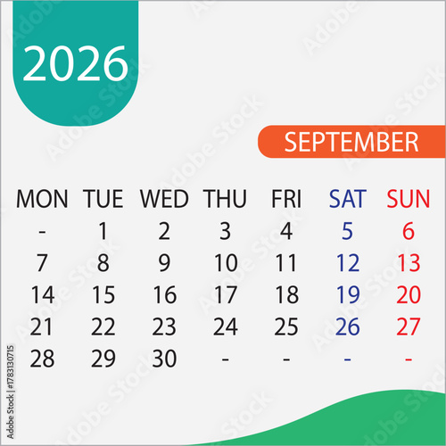 Vector illustration of a calendar for September 2026