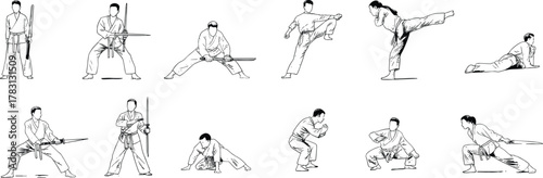 Martial arts poses, black and white line drawing, traditional uniform, weapon techniques, minimalist sketch, combat stances, continuous line illustration