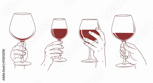 Minimalist vector line illustration set of hands holding red wine glasses isolated on white