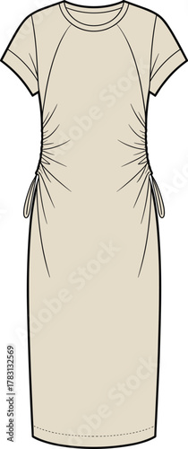 Ruched dress, drawstring sides, round neckline, short sleeves, knee-length, fitted silhouette, fashion flat, CAD drawing, vector illustration, garment sketch