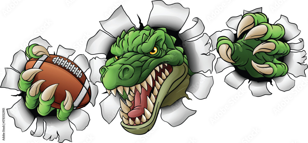 Fototapeta premium A crocodile, dinosaur or alligator lizard sports mascot holding an American football ball