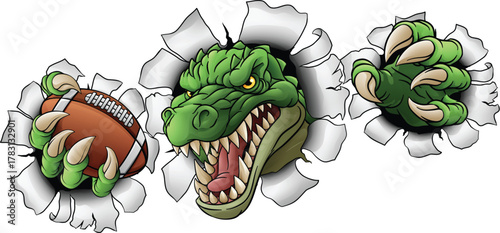 A crocodile, dinosaur or alligator lizard sports mascot holding an American football ball