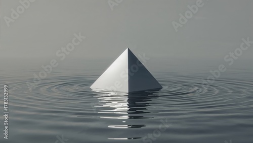 Minimalist white pyramid emerges from calm water creating gentle ripples, symbolizing focus, clarity, and the start of new ideas in a serene environment