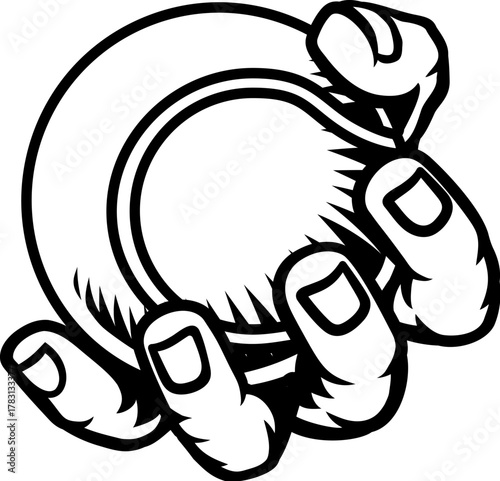 A mascot person hand or fist holding a tennis ball