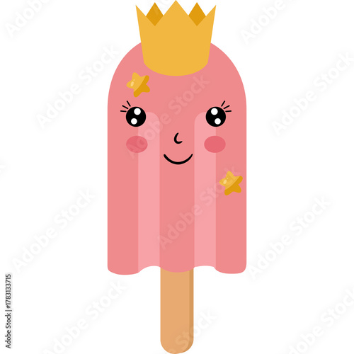 Cute Pink Popsicle Princess With Golden Crown And Stars On A Transparent Background