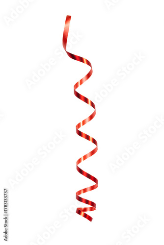 Shiny red metallic curling ribbon isolated on white. Perfect for Christmas, celebration, wrapping, and festive design projects. High quality photo