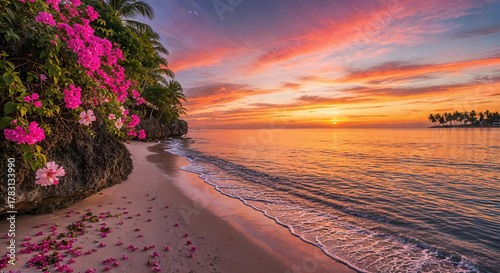 Fototapeta Naklejka Na Ścianę i Meble -  Beautiful tropical beach at sunset with pink flowers and calm ocean waves