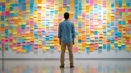 Sticky Note Post It Board Office. Business people meeting at office and use post it notes to share idea. Brainstorming concept. Sticky note on glass wall or blackboard. Set of colorful blank notes.
