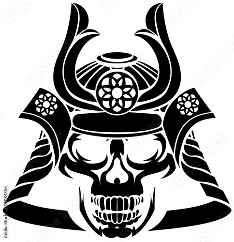 Black illustration of a skull wearing a stylized samurai helmet. Strong graphic artwork suitable for tattoo art, dark fantasy, Japanese warrior themes, or detailed monochrome illustration projects.