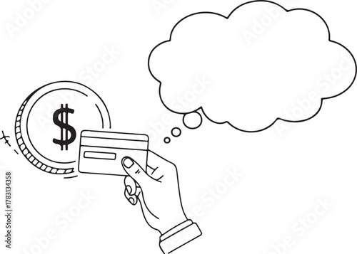 vector line art hand holding credit card with onetime payment thought bubble and coin