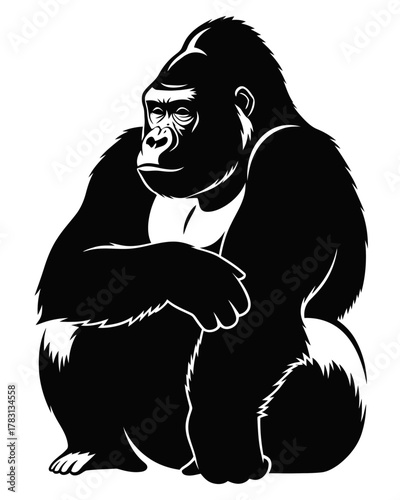 Black and White Silhouette of a Powerful Gorilla in a Squatting Position