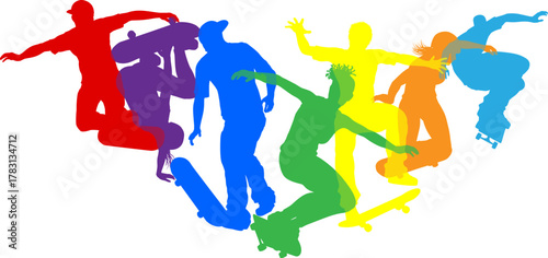 A group of skateboarders women and men or girls and boys, male and female skateboarders in silhouette.