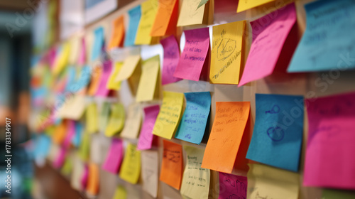 Sticky Note Post It Board Office. Business people meeting at office and use post it notes to share idea. Brainstorming concept. Sticky note on glass wall or blackboard. Set of colorful blank notes.