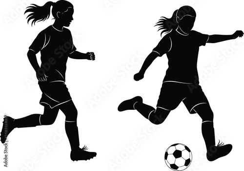 Soccer player silhouette, female athlete kicking ball, running football action, sports illustration, dynamic movement, athletic activity, competitive game, training, teamwork, energy