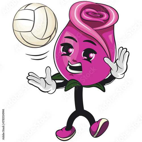 cute pink rose mascot cartoon vector illustration, adorable flower character serve volleyball, isolated botanical blossom design for valentine, spring, and kids concept, work of hand drawn