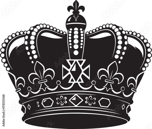 Ornate royal crown features fleur de lis, geometric shapes, and pearl beading against transparent background