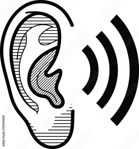 Stylized human ear with sound waves, bold black sketch, textured hatching drawing, hearing perception concept, cad drawing flat vector illustration