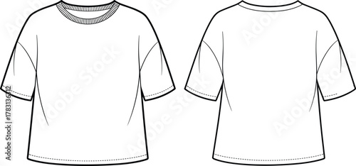 Short sleeve t-shirt, fashion flat sketch, casual garment template, dropped shoulder top, apparel vector outline, relaxed fit, cad drawing flat vector illustration