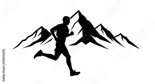 Trail runner silhouette conquering mountain peaks with determination and drive, perfect for fitness and adventure brands seeking powerful imagery