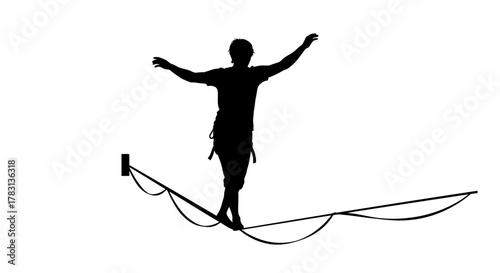 Man on a tightrope balancing, showing focus and determination, conquering challenges with confidence, an inspiring symbol of achievement and success