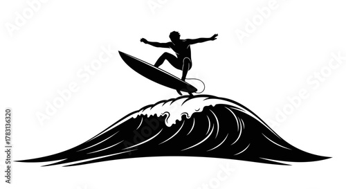 Dynamic surfer silhouette riding a powerful wave, perfect for sports branding or summer promotions, capturing the thrill of ocean adventures