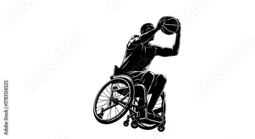 Dynamic wheelchair basketball athlete skillfully shooting for success, epitomizing strength and determination in sports, inspiring hope and overcoming challenges
