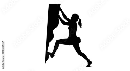 Dynamic silhouette of a female climber scaling a rock face with determination and strength, showcasing fitness, adventure and a healthy lifestyle