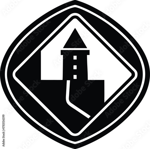 Old castle or fortress tower on a hill inside a diamond shape border