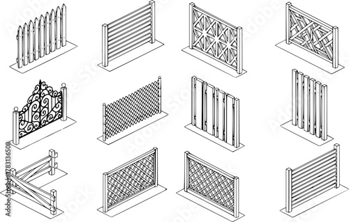 isometric view, various fence designs in black and white, showing different patterns and styles

