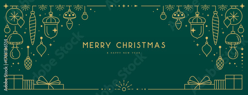 Modern Christmas frame or holiday greeting card on emerald green background. Line art vector illustration
