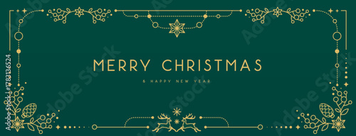 Modern Christmas frame or holiday greeting card on emerald green background. Line art vector illustration