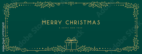 Modern Christmas frame or holiday greeting card on emerald green background. Line art vector illustration
