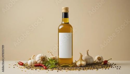 Golden cooking oil in an elegant glass bottle with a blank label, surrounded by fresh garlic, chili, and herbs, perfect for food branding