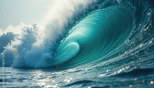 Massive turquoise ocean wave cresting and curling over in a powerful display of nature's force