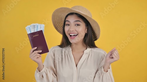 Ready for Journey: a woman holding passport with cash in a happy face with a hat.