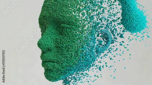 Mind's Dissolution: A conceptual representation of the human head, rendered in vibrant green and blue particles, dissolving into the ether, embodying themes of transformation and fragility.