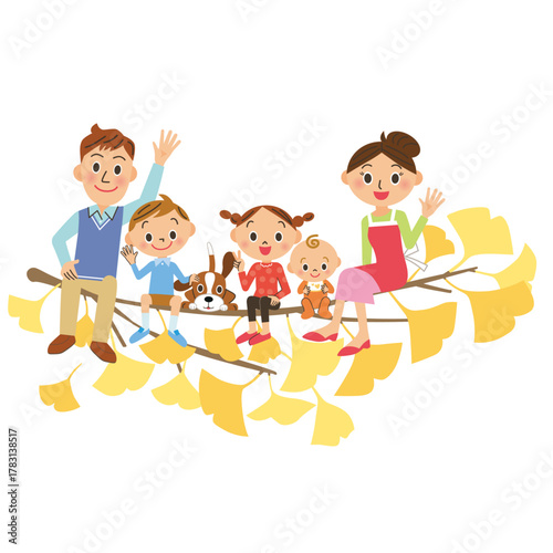 銀杏の枝に座っている仲良し家族