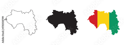 Guinea map vector set with editable country outline black silhouette and national flag featuring red yellow green vertical stripes for geography, education, travel, and cultural illustration projects